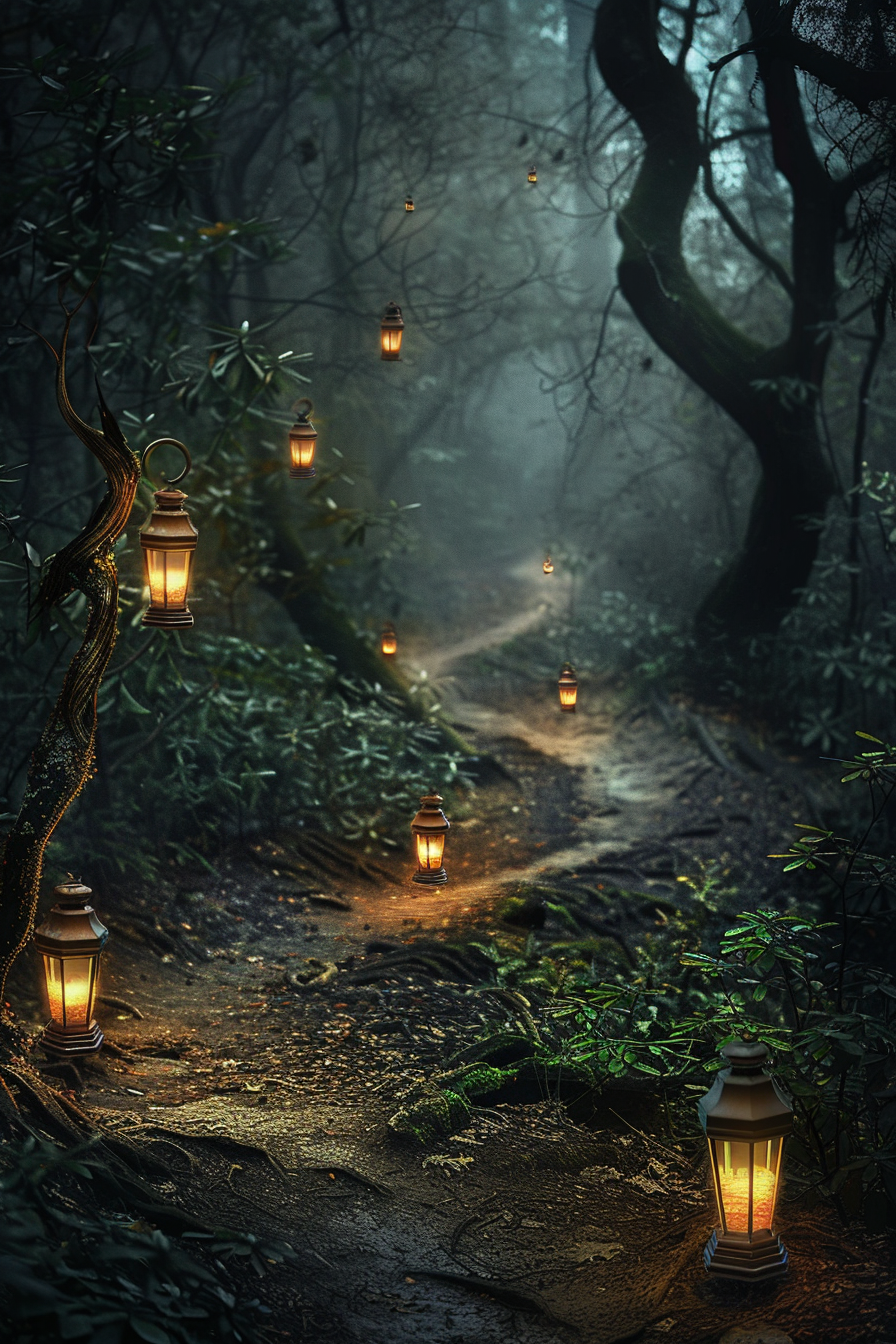 Path winding through dark forest, lit by lanterns guiding.