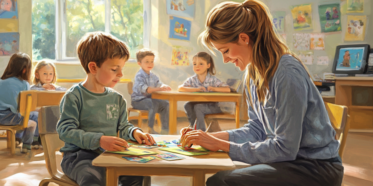 Patient teacher helps child with educational materials in classroom.