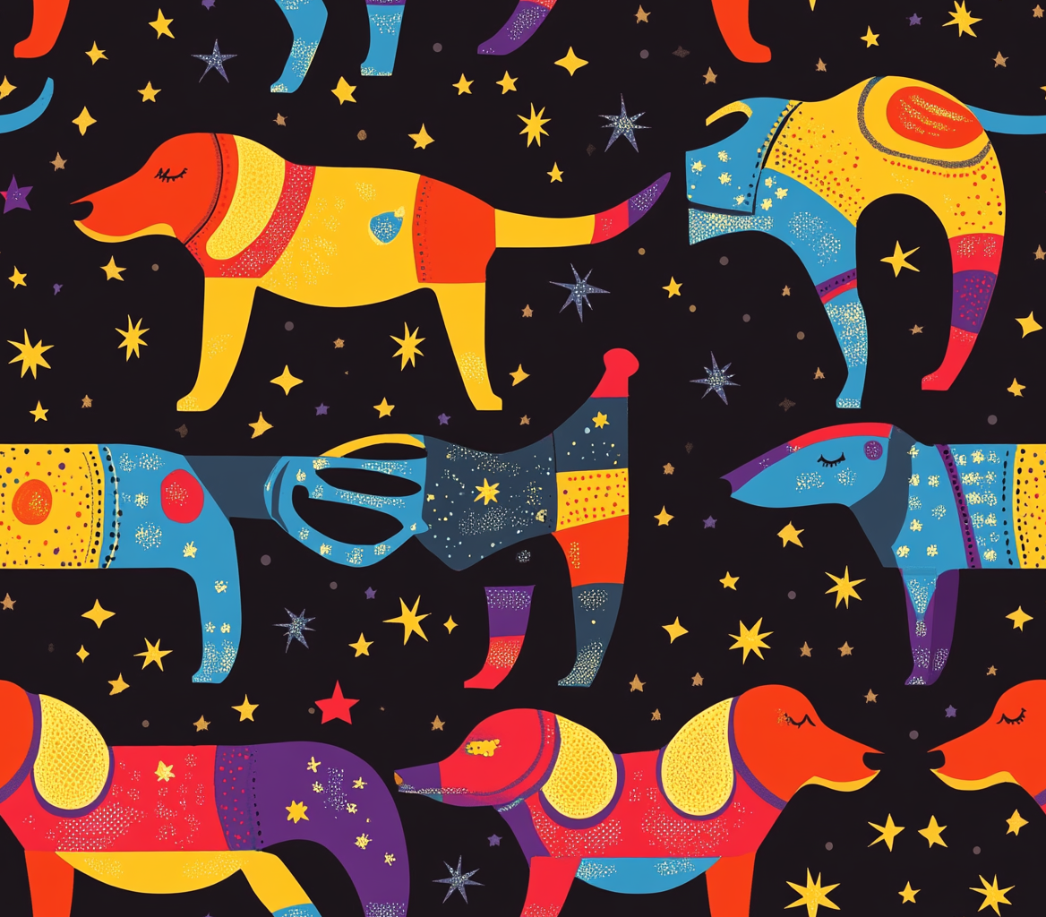 Pattern: Colorful dogs in space suits against starry sky.