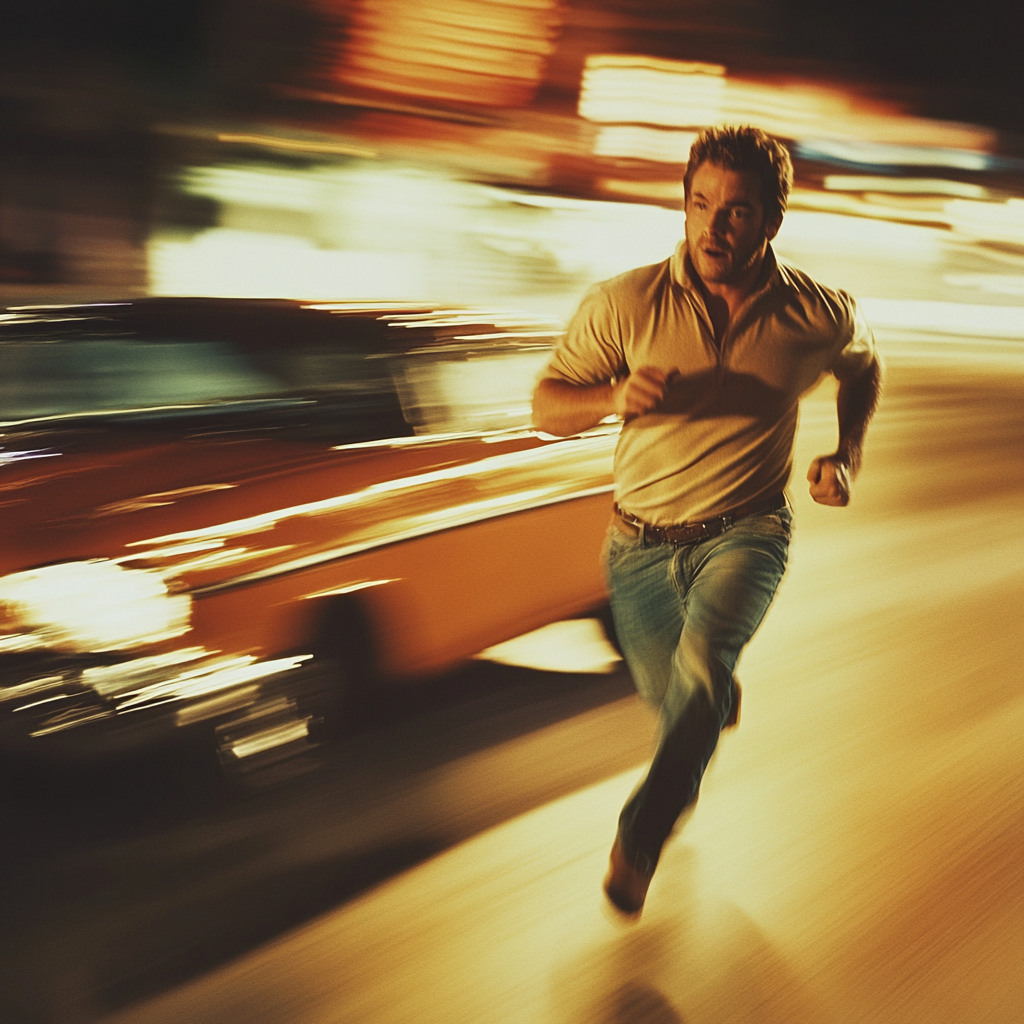 Paul Walker sprinting to vintage car in classic film.