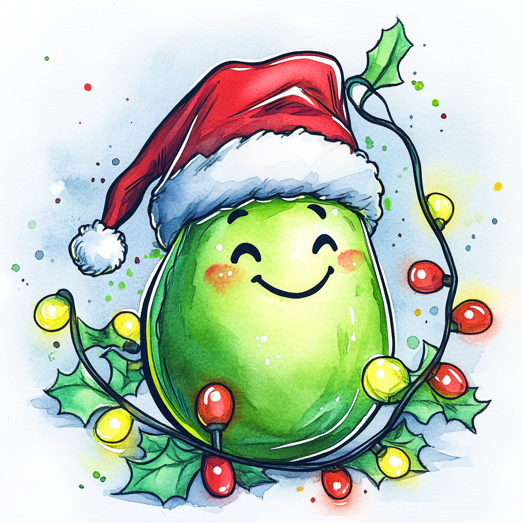 Pea with Santa hats, smiling, with ribbon and lights.