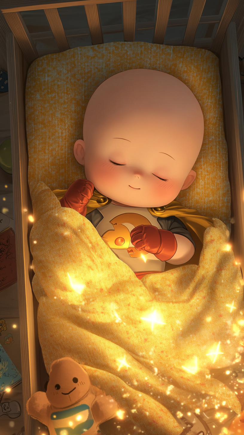 Peaceful Baby Saitama sleeping in cute superhero-themed crib.