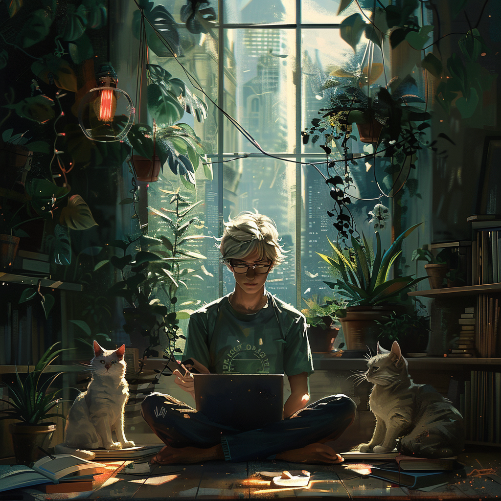 Peaceful Blend of Nature, Tech and Cats