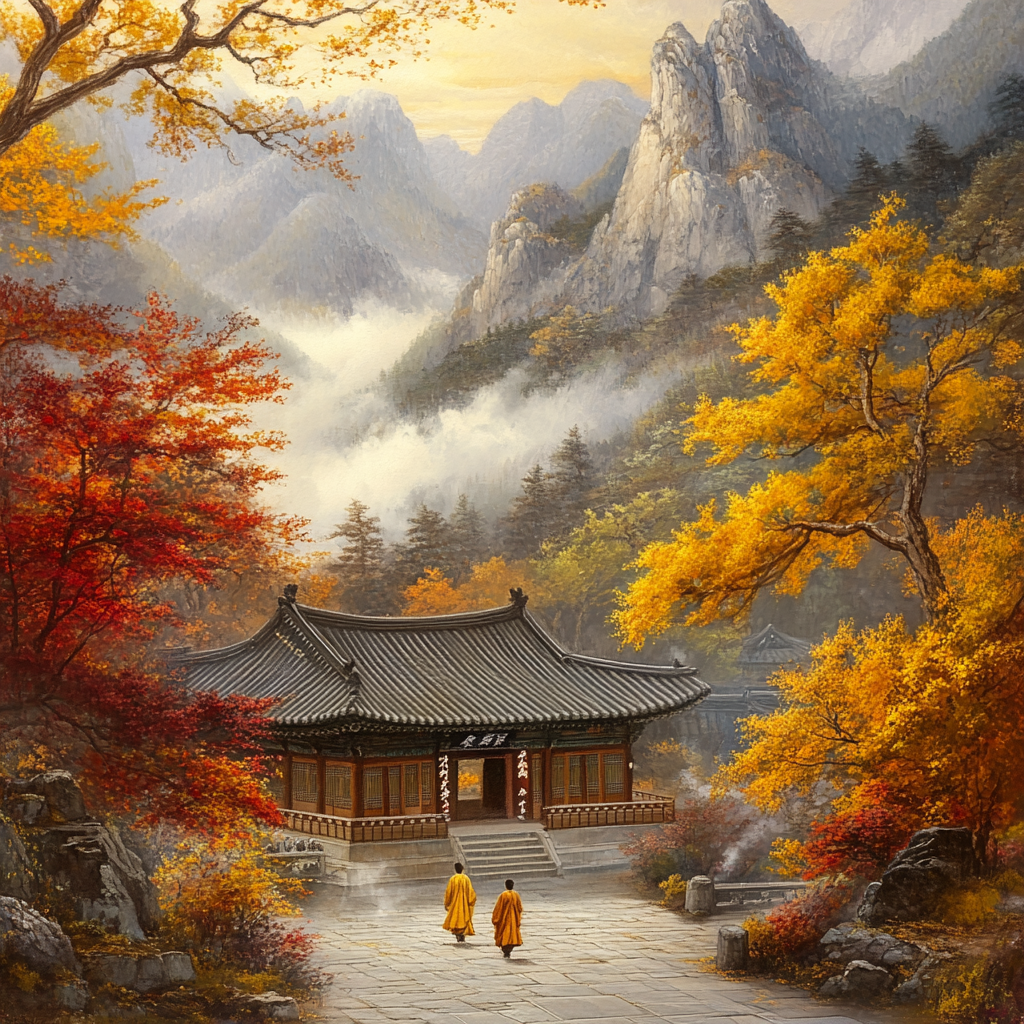 Peaceful Korean temple in mountains with monks walking