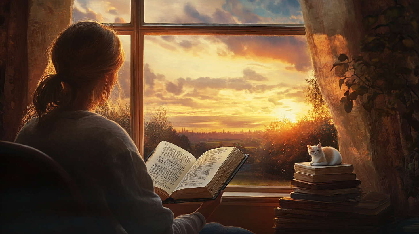 Peaceful Moment by the Window: Bible, Sunrise, Church