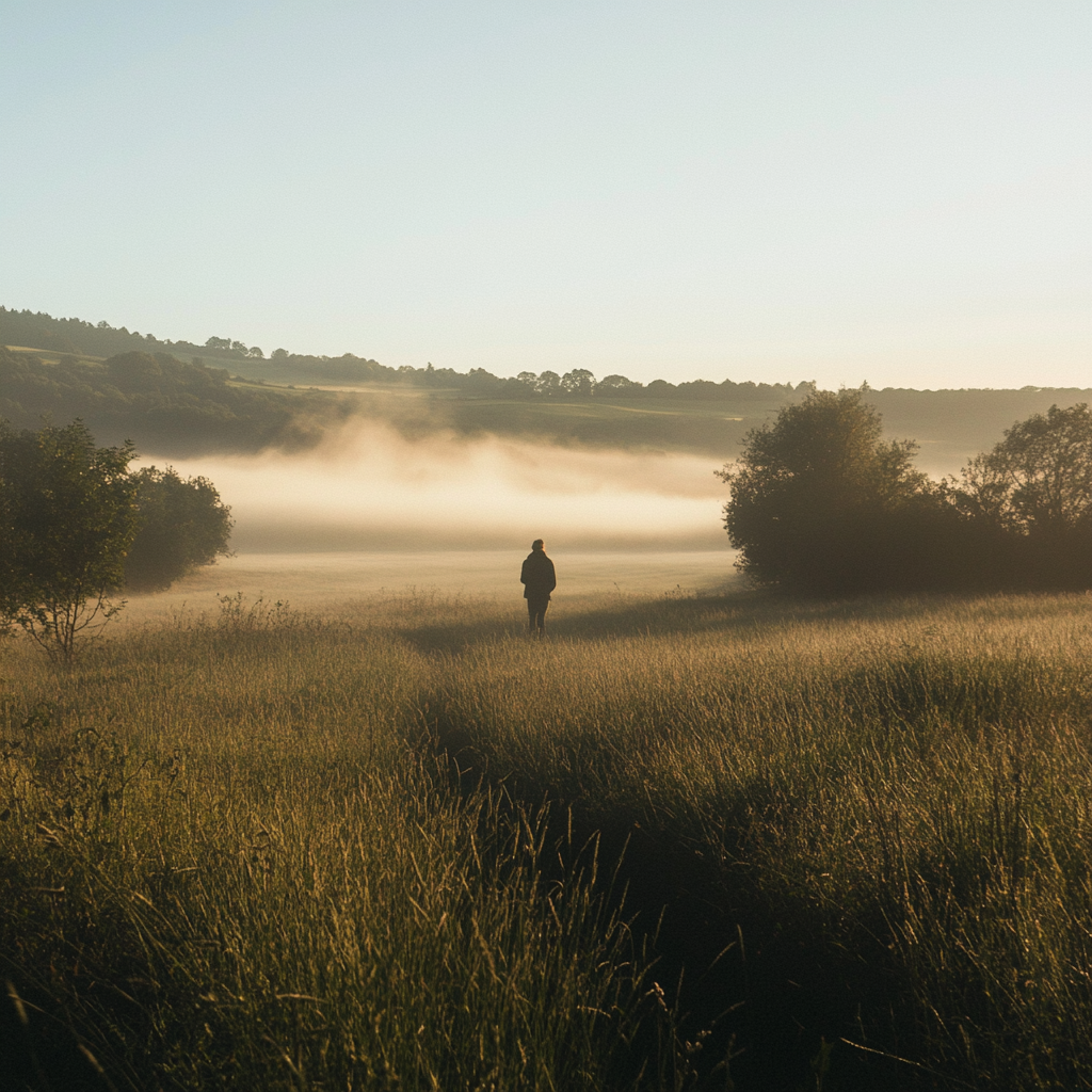 Peaceful Morning Stroll in Countryside Meadow Mist 