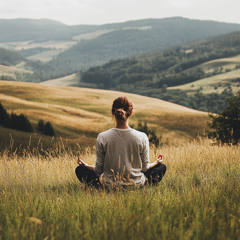 Peaceful Person Meditating in Serene Countryside 4K