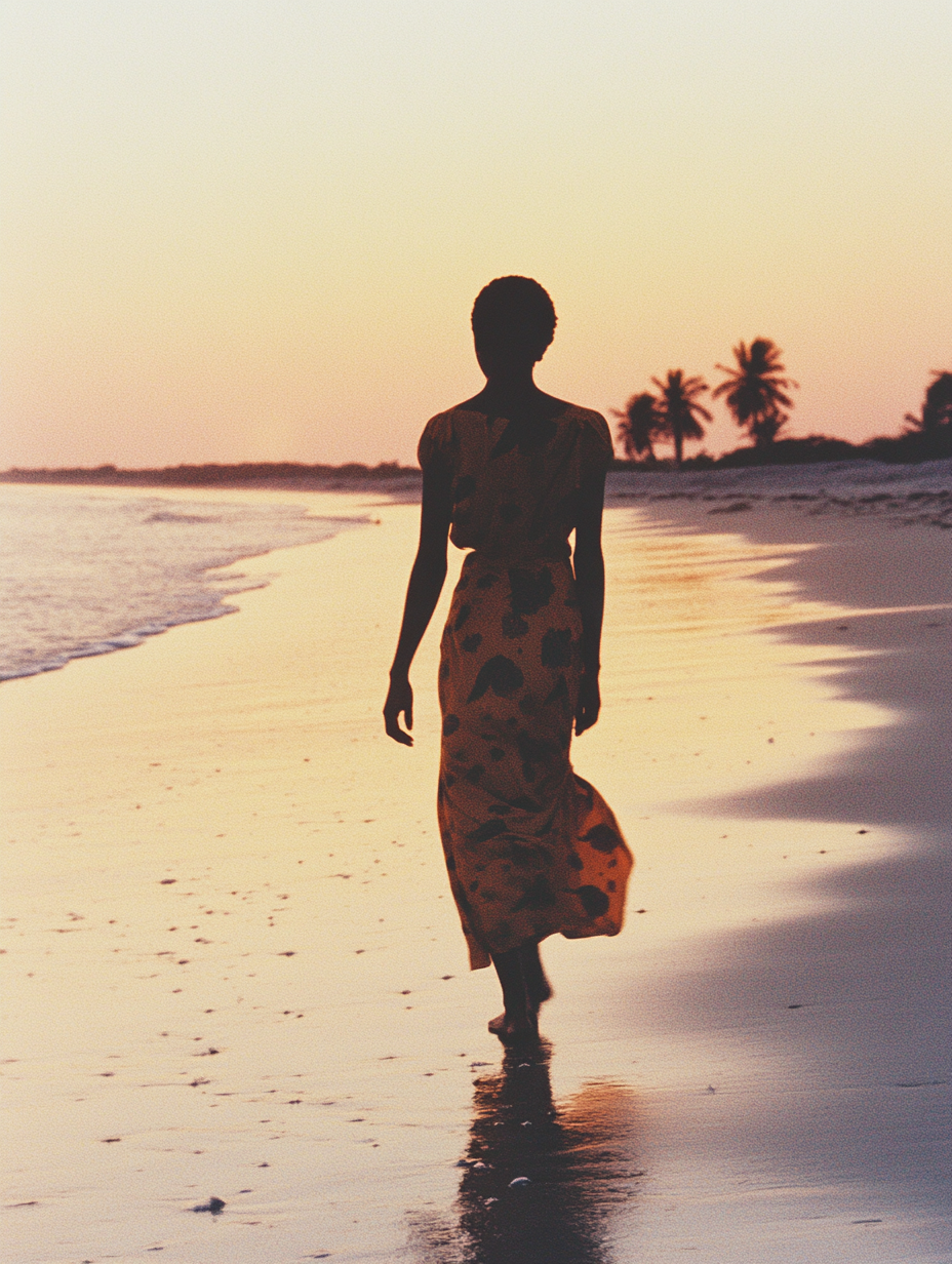 Peaceful Young Woman Walking on Beach at Sunset