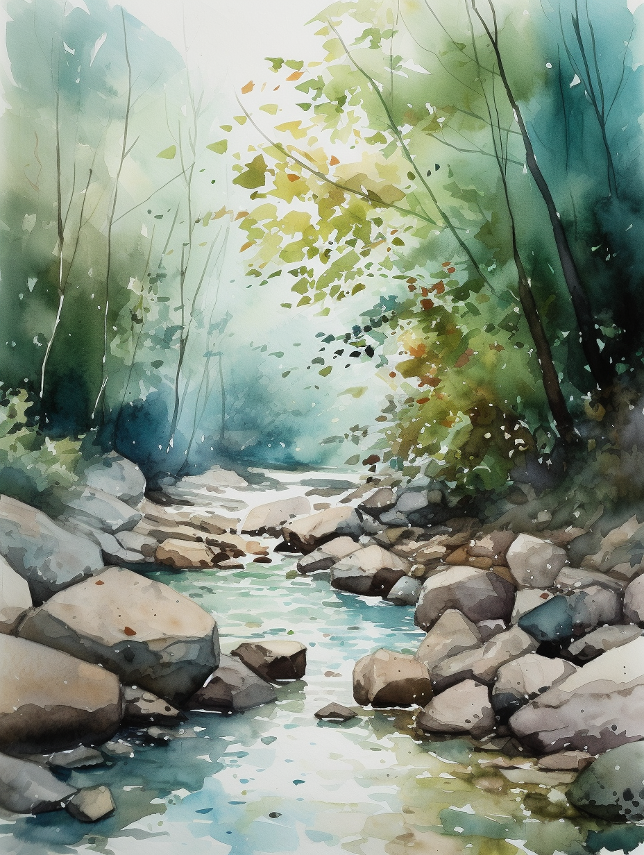 Peaceful forest stream in watercolor