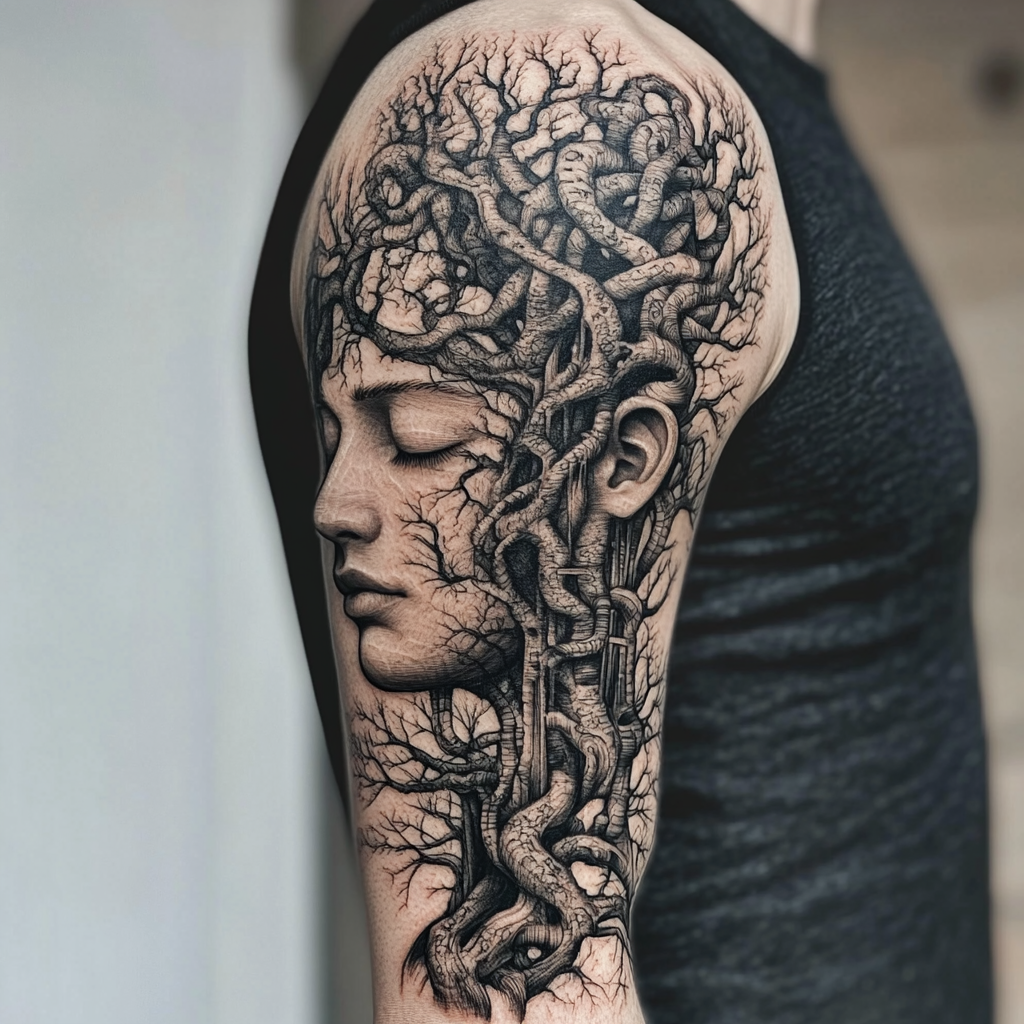 Peaceful human head tattoo with nature theme