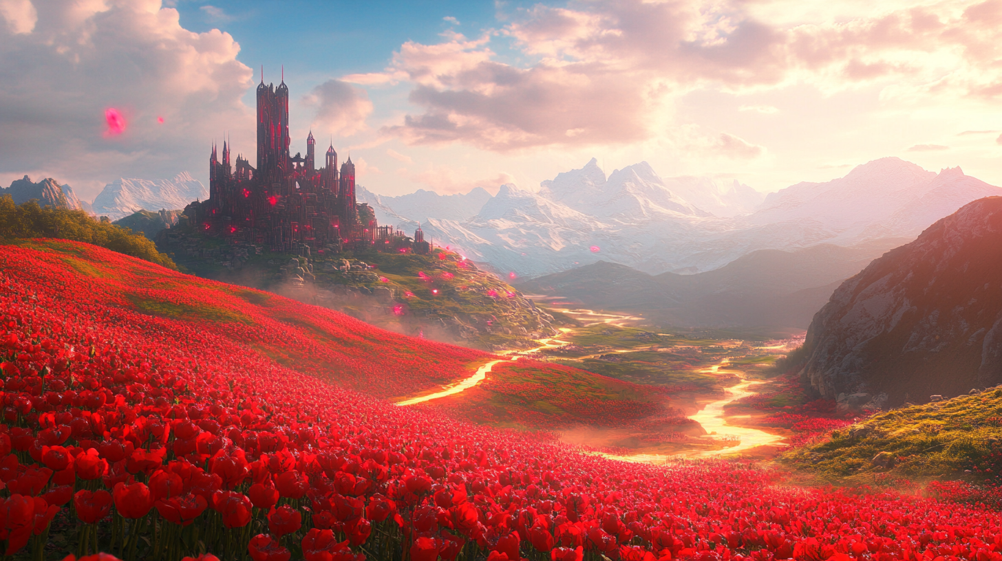 Peaceful landscape with red flowers, yellow brick road, warriors.