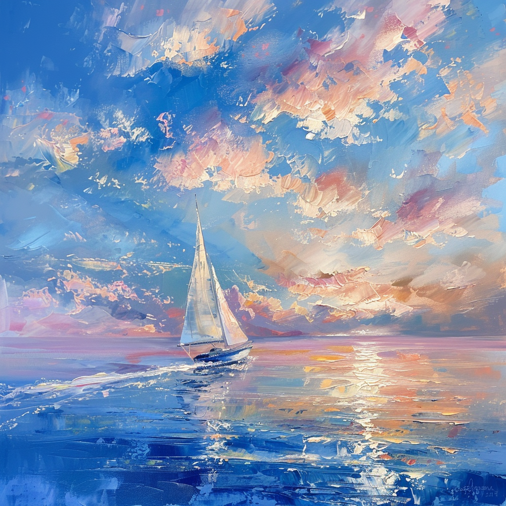 Peaceful oil painting of white sailboat under pink sunset.