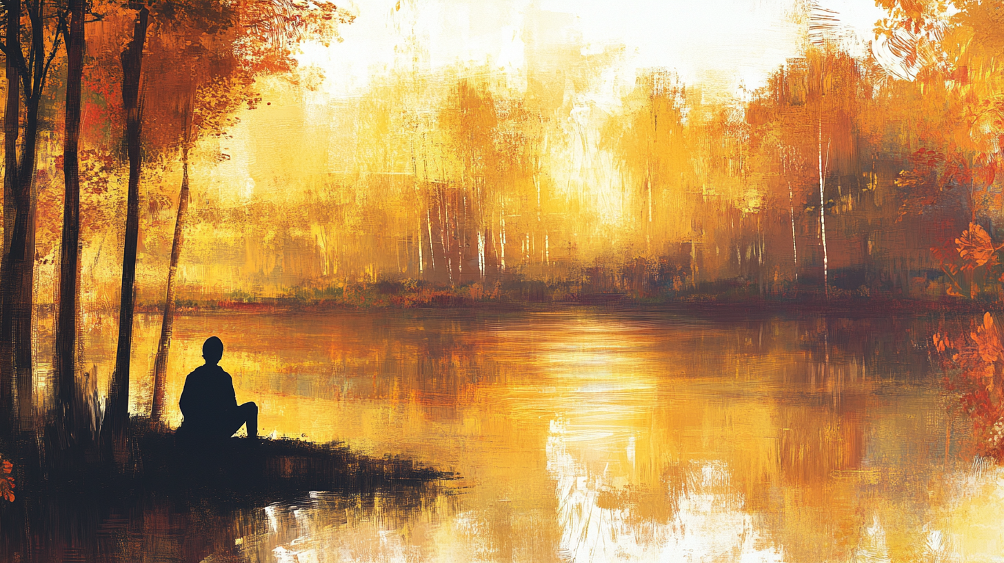 Peaceful person by lake, tall trees, abstract shapes, vibrant.