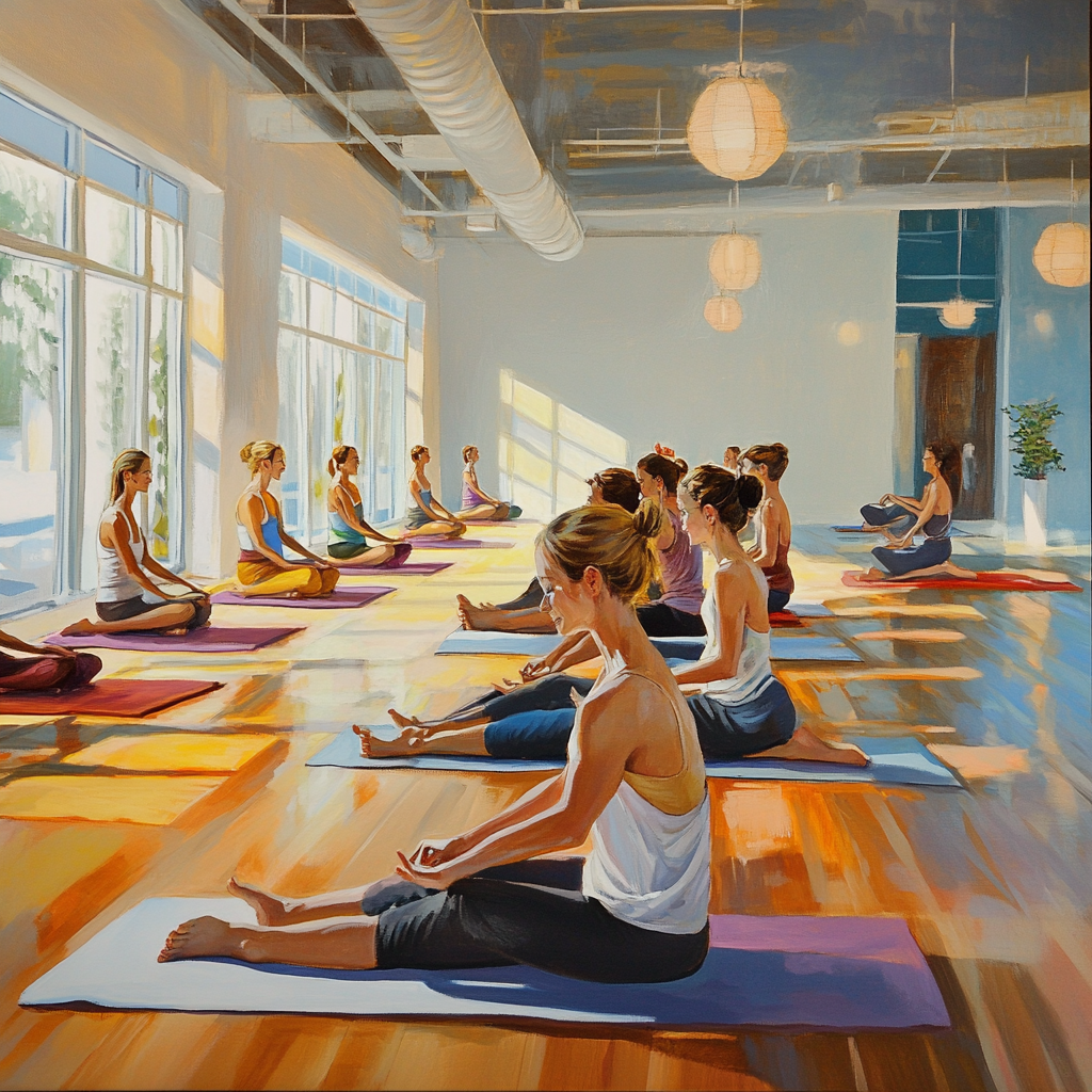 Peaceful yoga studio with diverse joyful practitioners practicing peacefully.