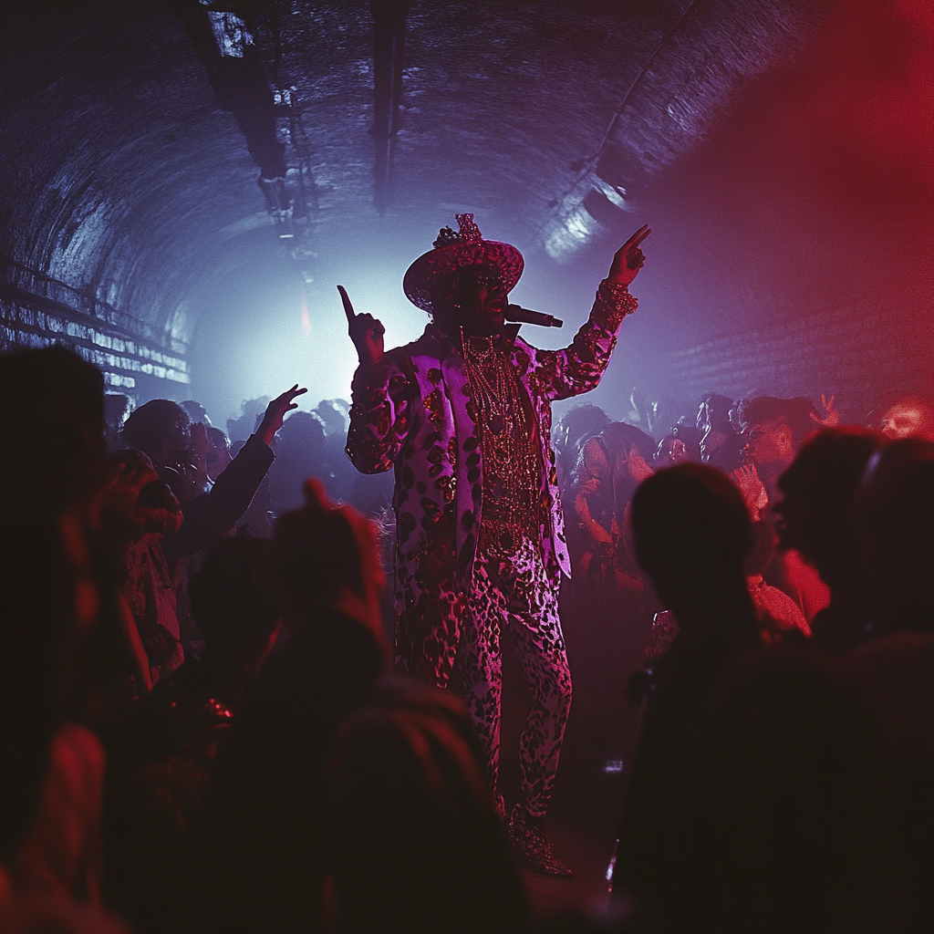 Pearly king preaching in dark, moody underground club.