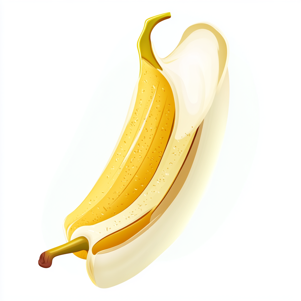 Peeled Banana with Glare, Cartoon Style, Flat View