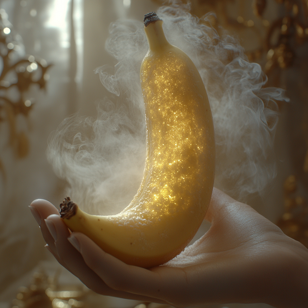 Peeled banana in hand with steamy smoke effect.