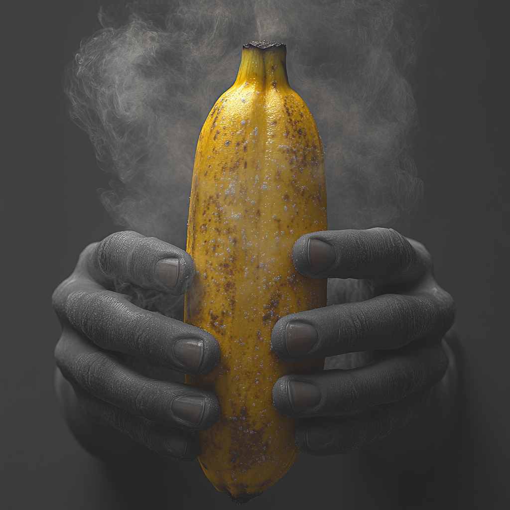 Peeled banana with smoke, bright yellow, contrasting background.