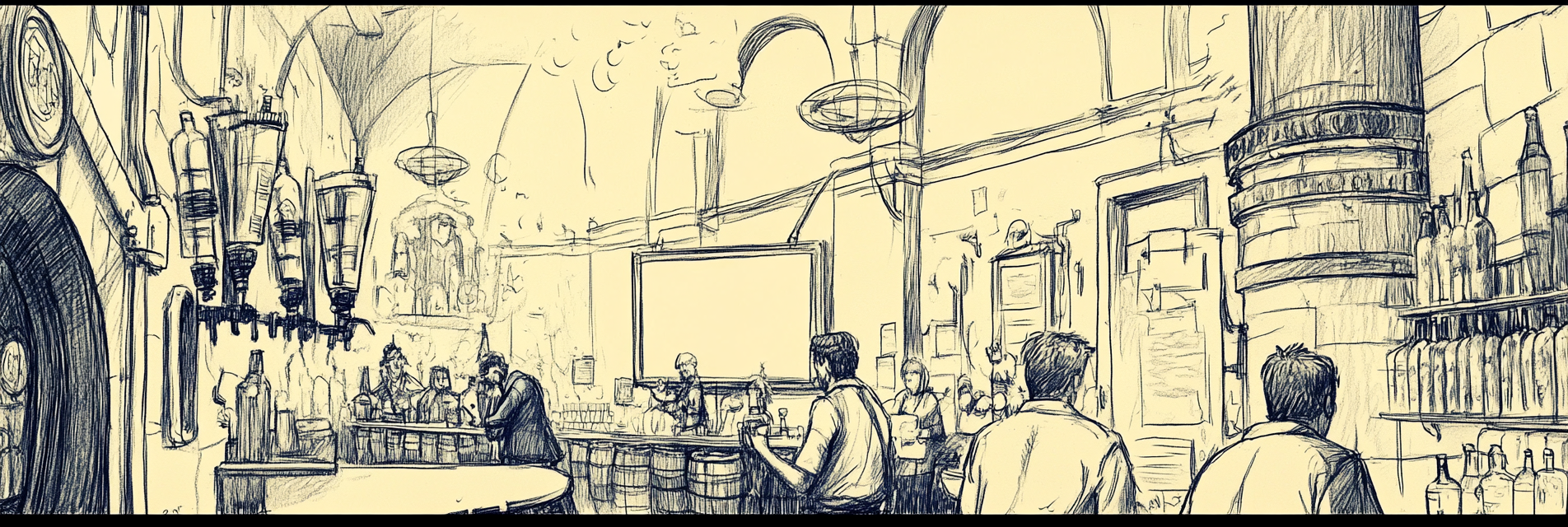 Pen sketch of people at brewery, beer tap, bottle.