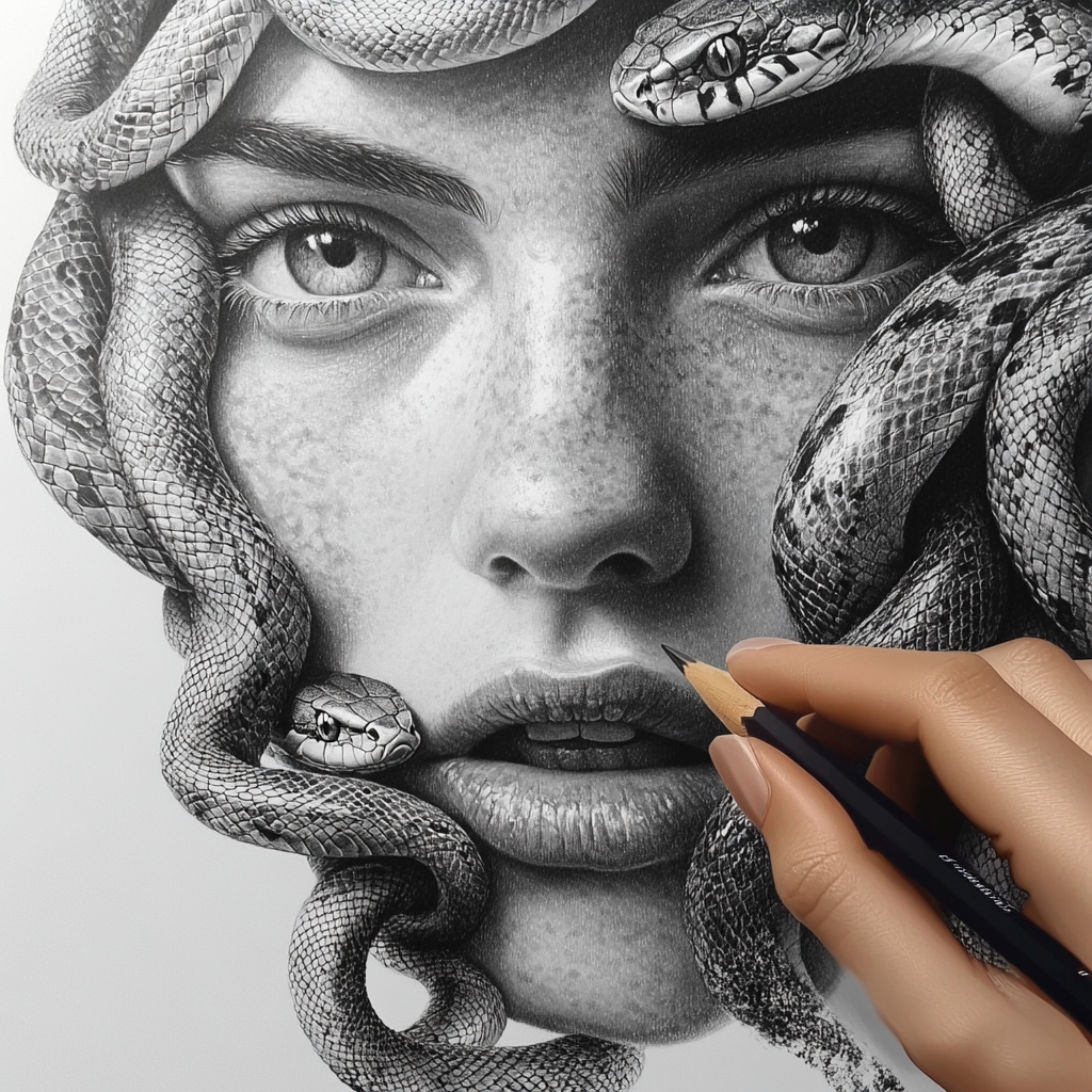 Pencil drawing of girl with snake hair and hand.