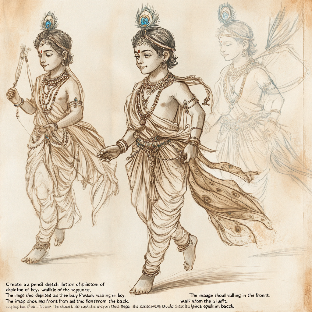 Pencil sketch of a boy depicted as Lord Krishna walking.