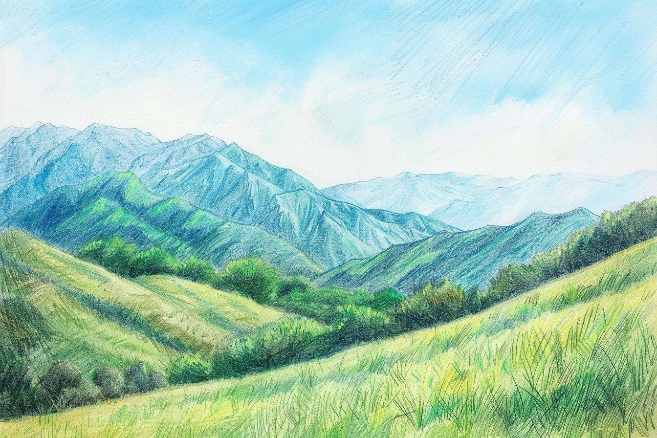 Pencil sketch of mountain landscape with vibrant colors.