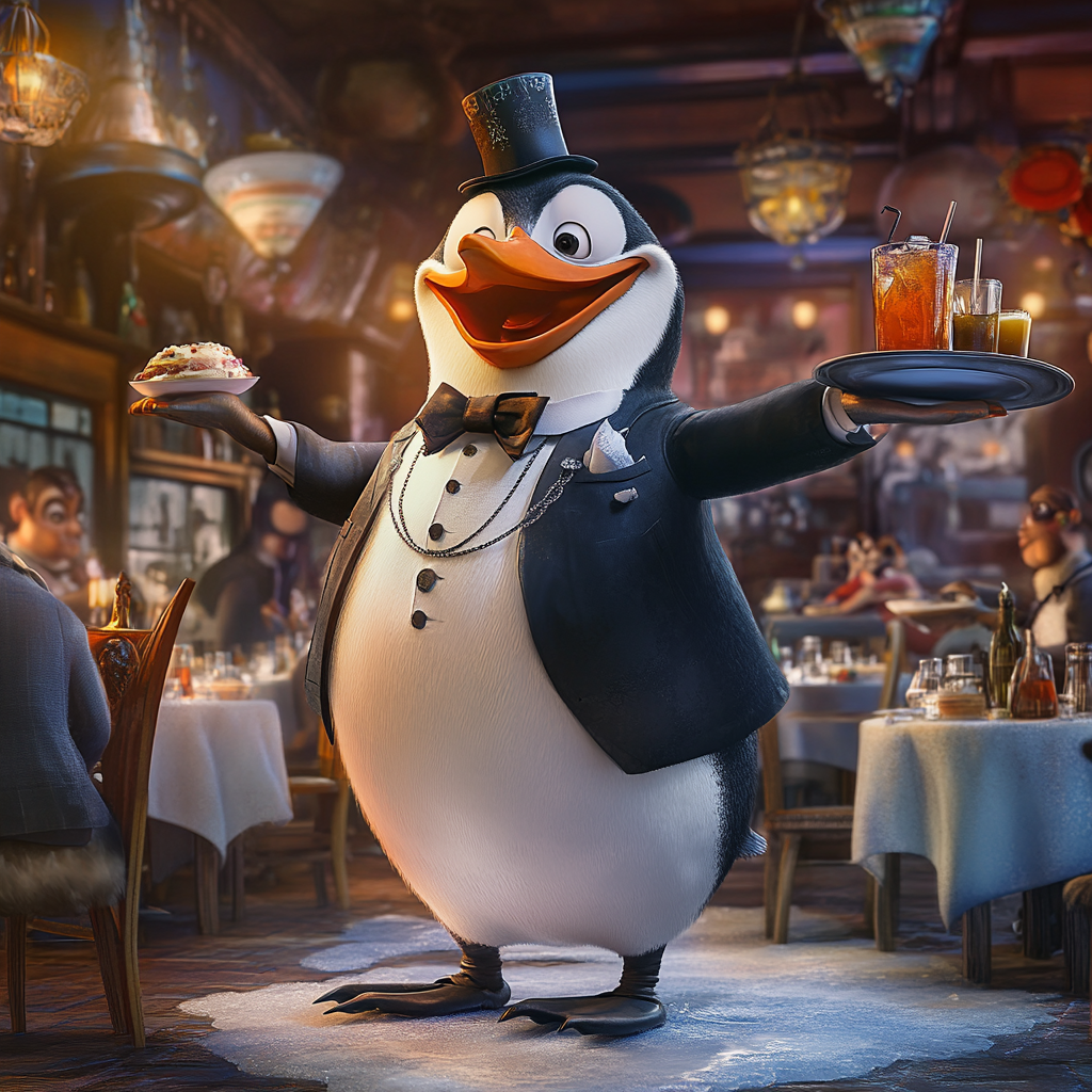 Penguin waiter serves drinks and dishes in restaurant.