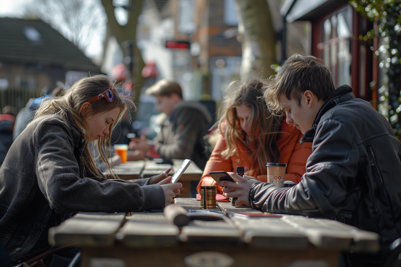 People Using Phones at Sunny Pub Garden