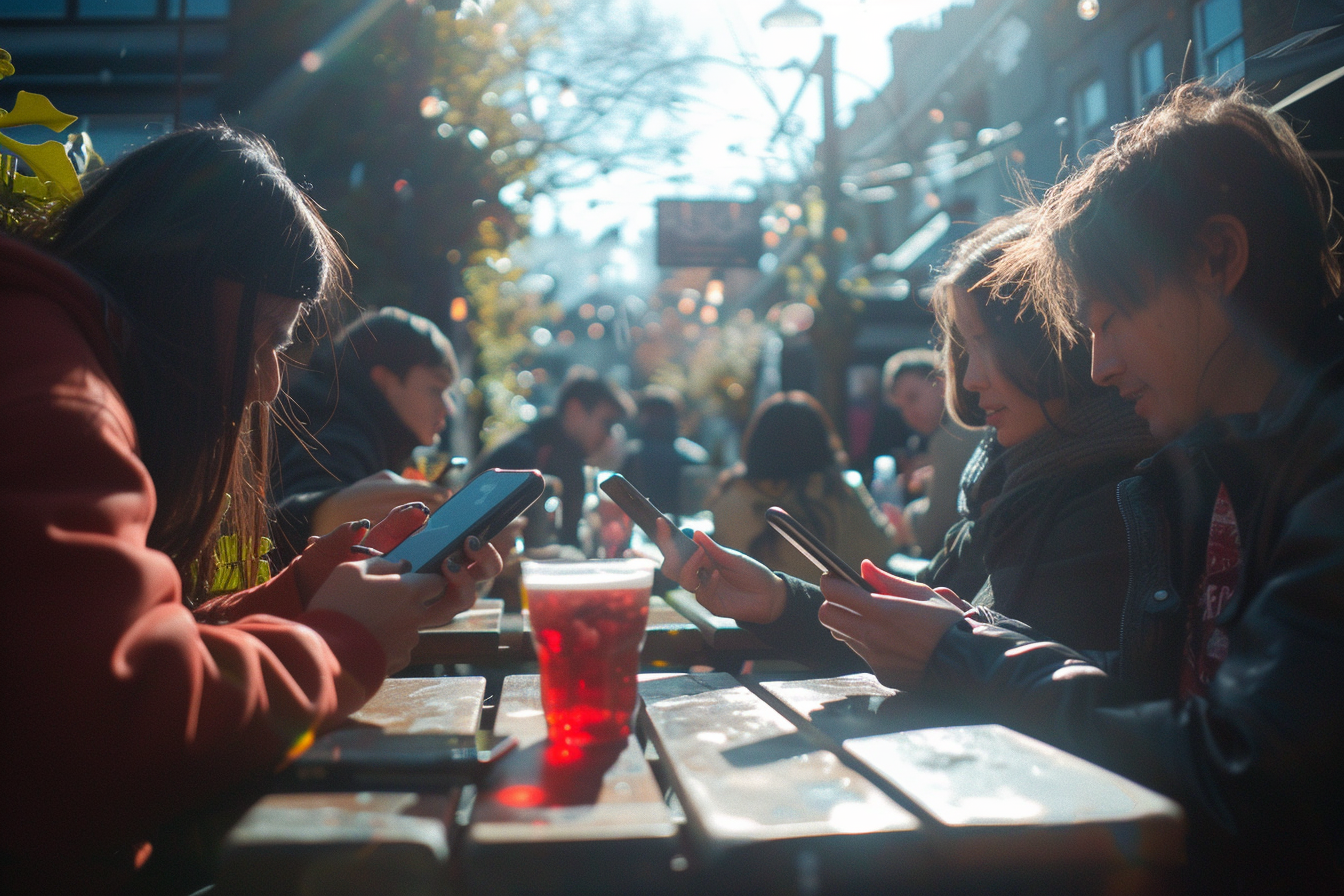 People Viewing Phones in Sunny Pub Garden