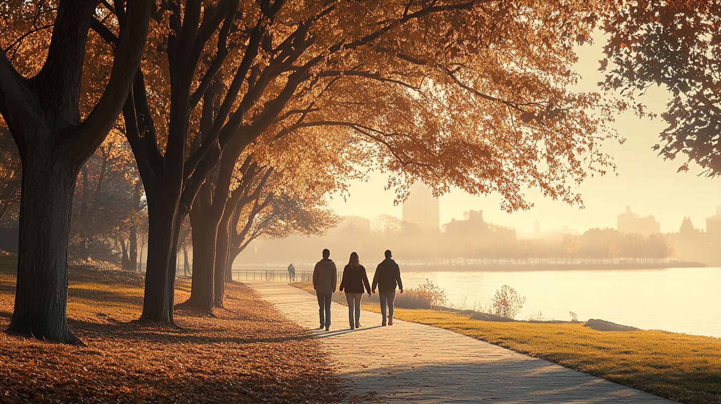 People Walking in New England Park at Dusk