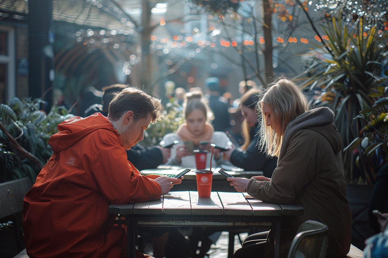 People at Sunny Pub Garden Using Phones