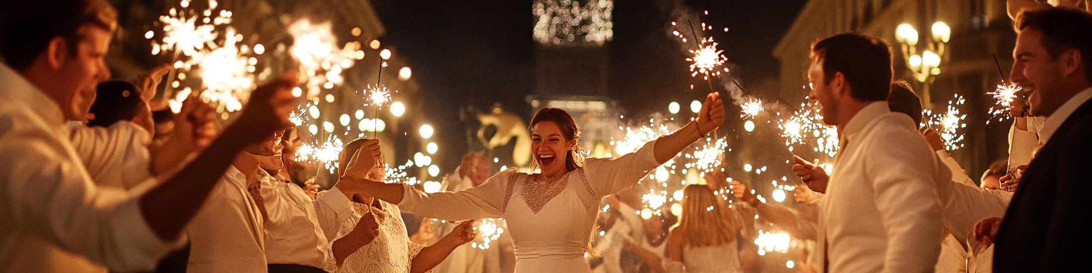 People celebrating New Year with sparklers in Paris.