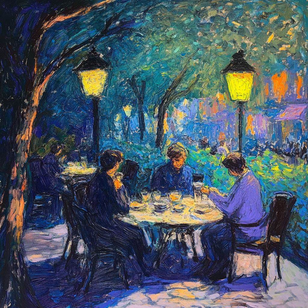 People chatting and drinking coffee in Monet's impressionist painting