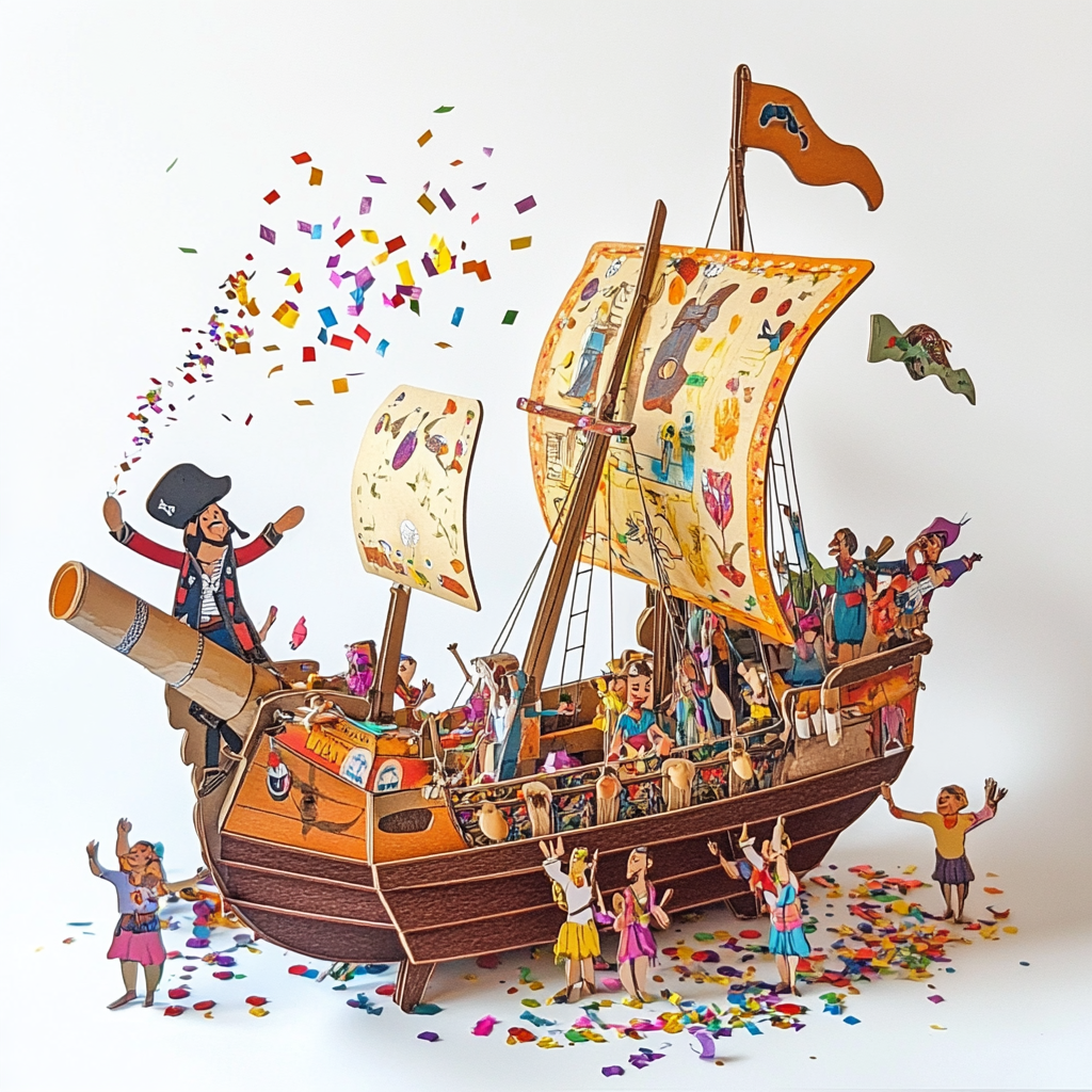 People cheer as cardboard pirate on ship spews confetti.