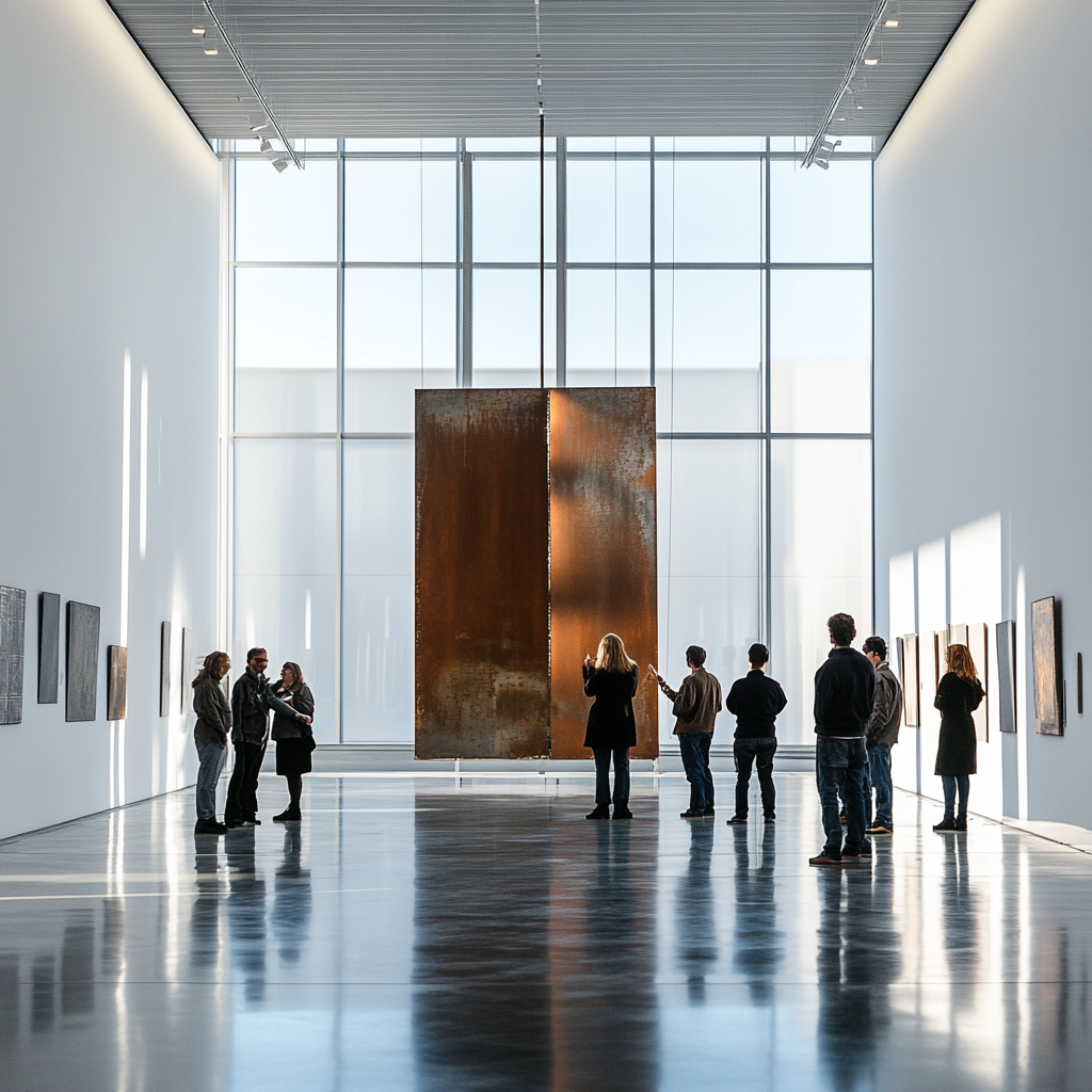 People discussing modern art in sleek museum gallery.