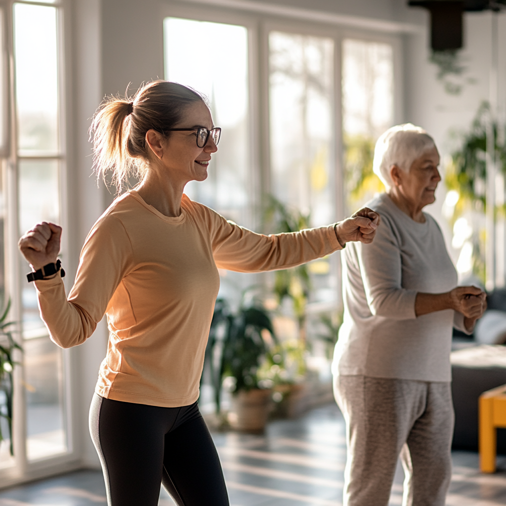 People doing everyday tasks with elderly person balancing.