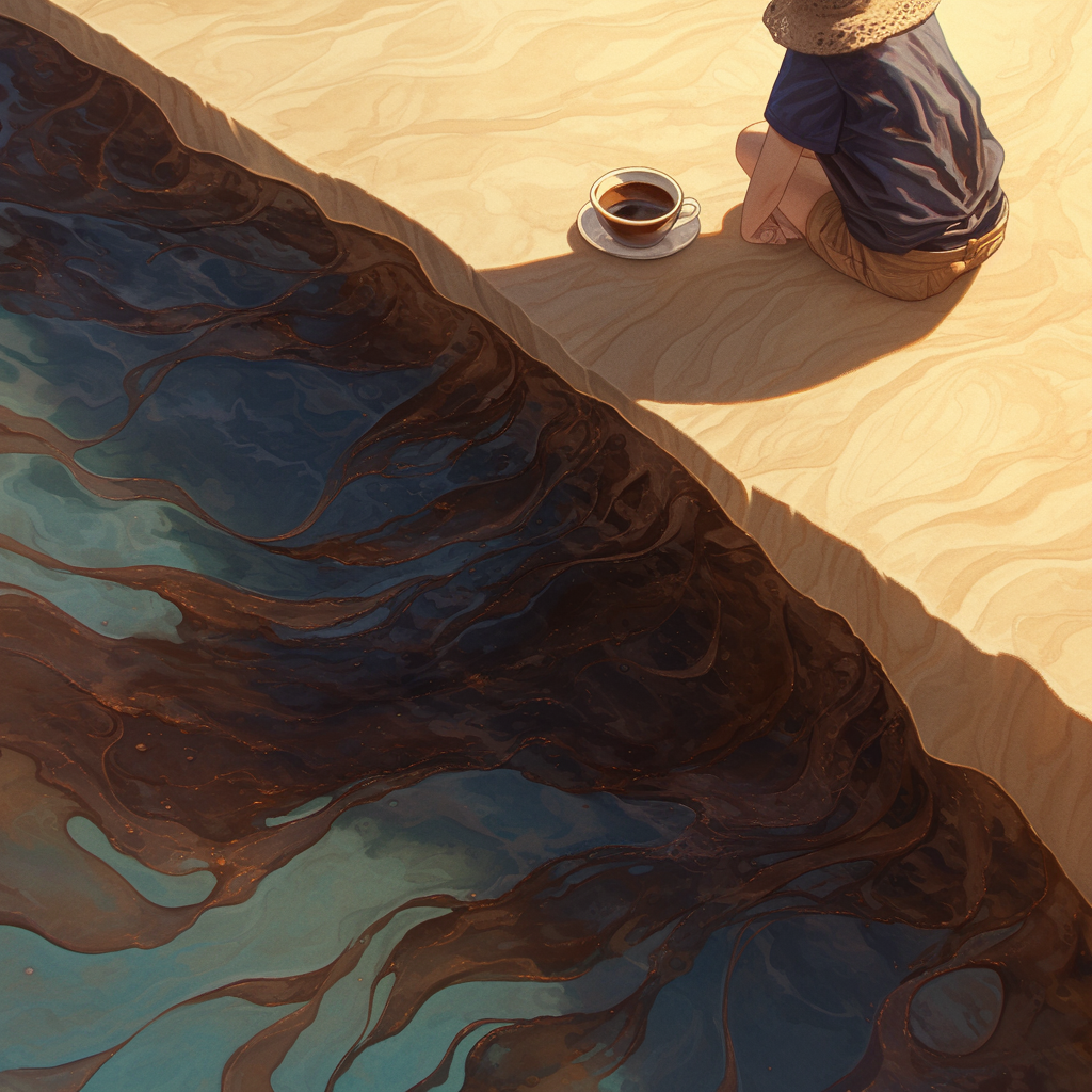 People drinking coffee from river in photo realistic scene.