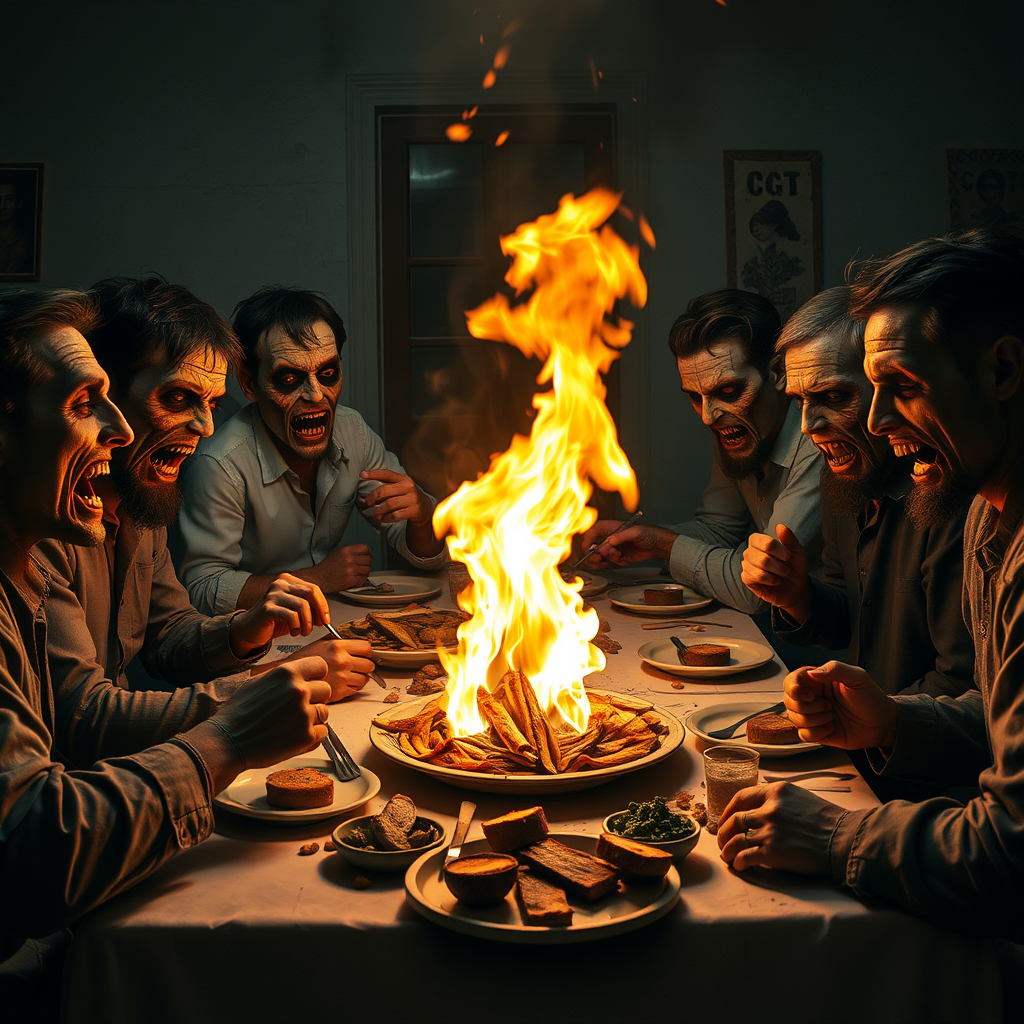 People eating at table with fire coming out.