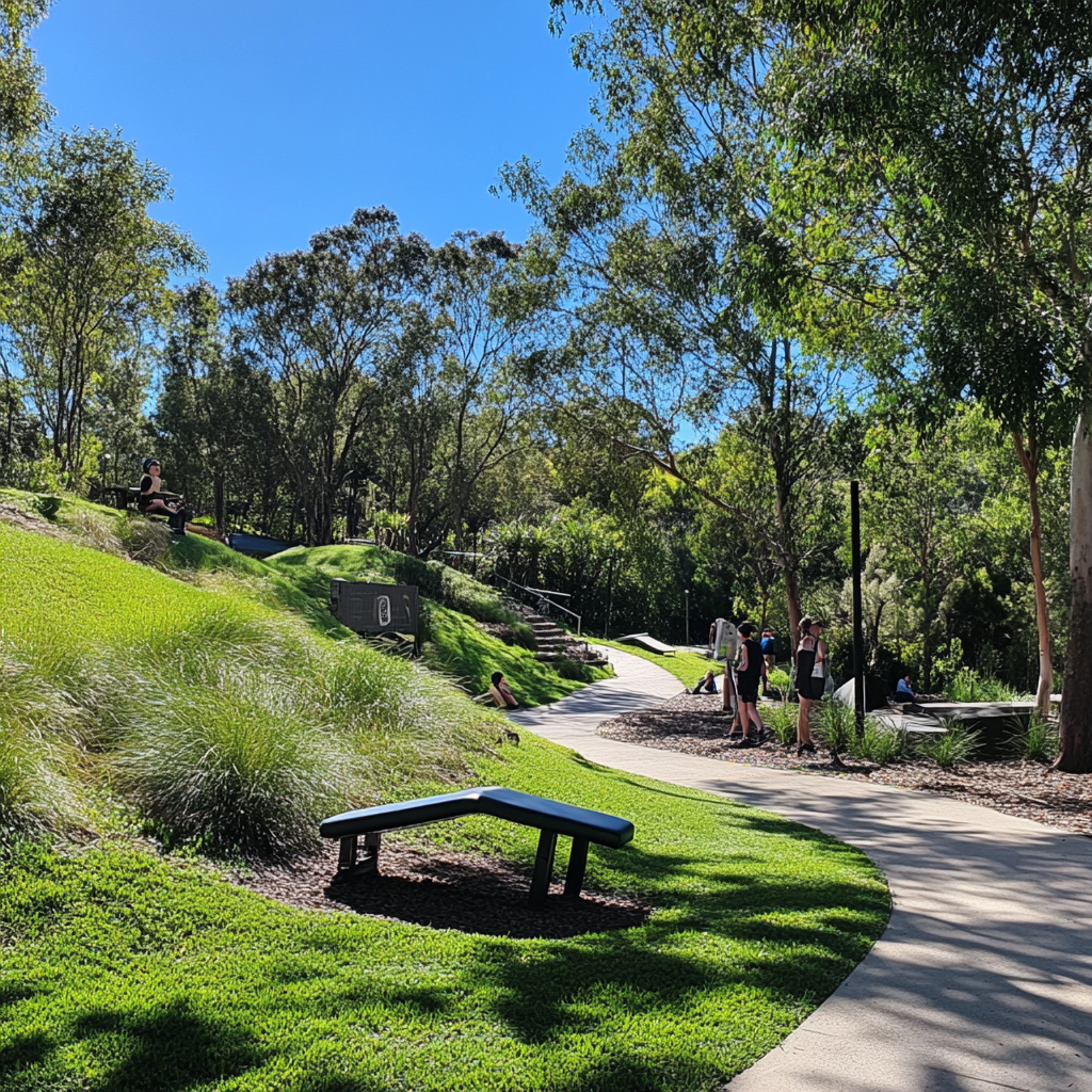 People exercising in outdoor gym surrounded by nature