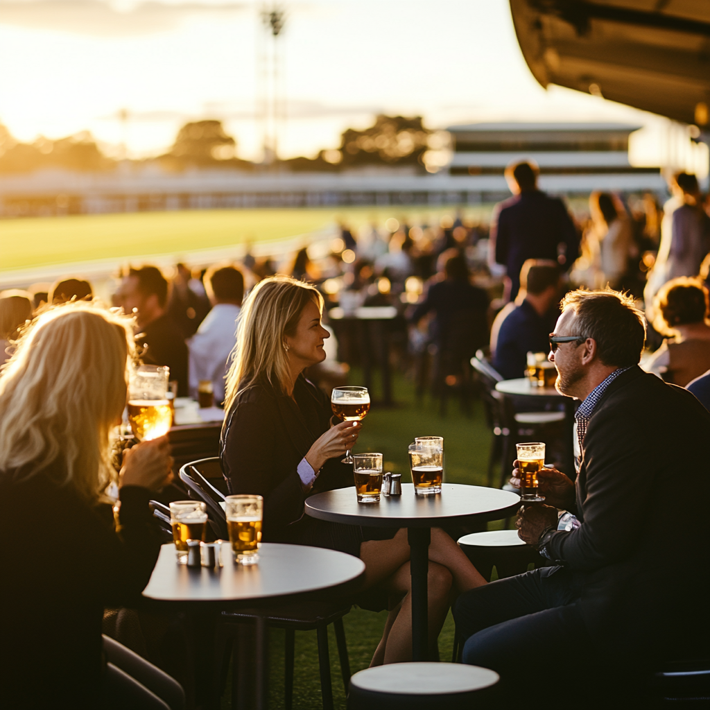 People having drinks at outdoor bar with sunset