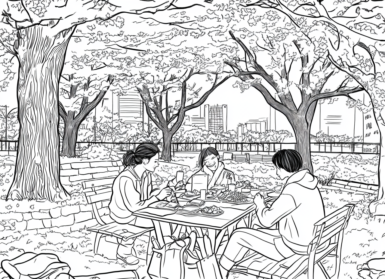 People having picnic under cherry blossom trees, coloring page.