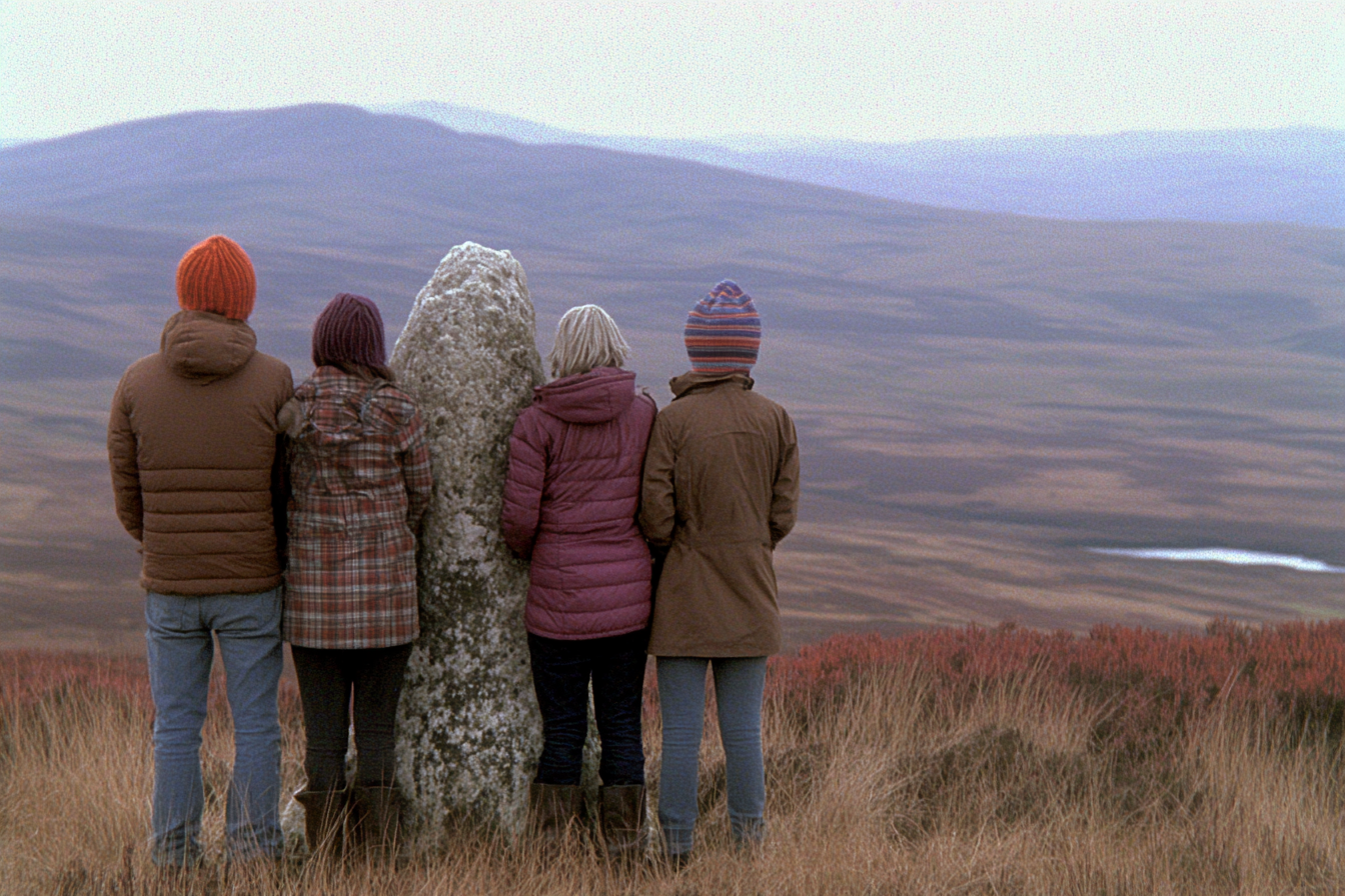 People hitting menhir with white rocks, Isle of Lewis.