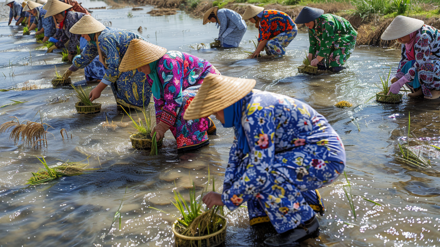 People in Iran plant rice seedlings wearing colorful outfits.