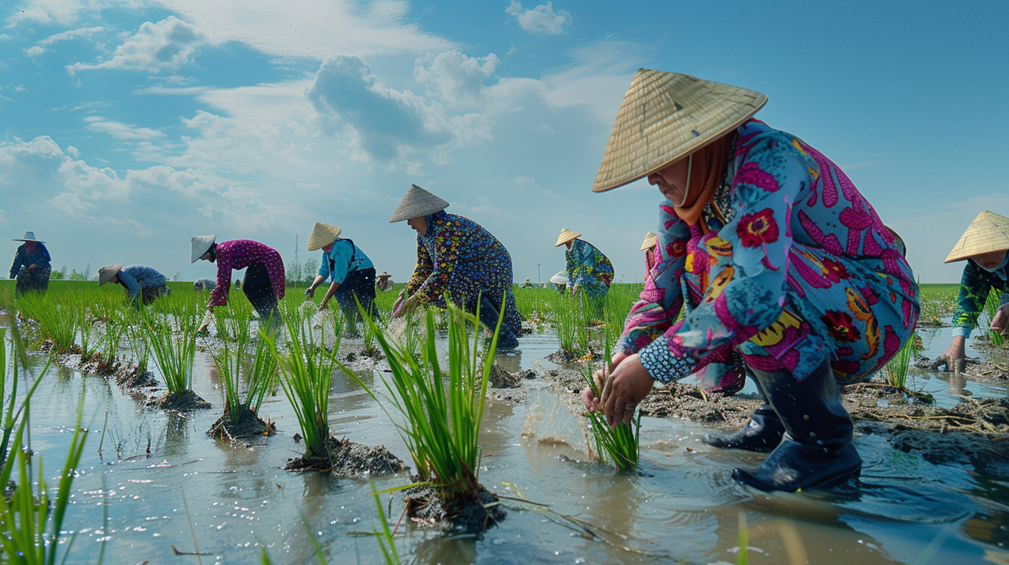 People in Iran planting rice seedlings wearing colorful outfits.