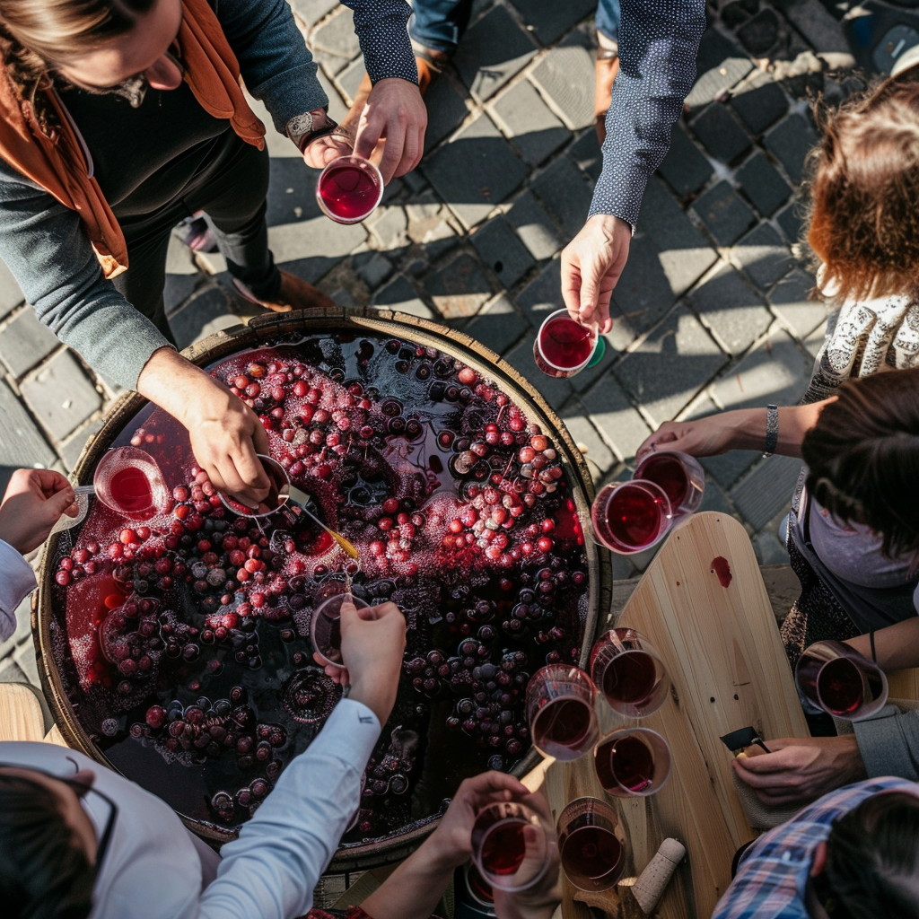 People in Wroclaw Poland making red wine together.