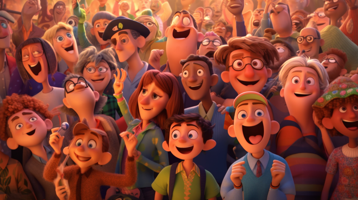 People laughing and smiling in Pixar-style animation.