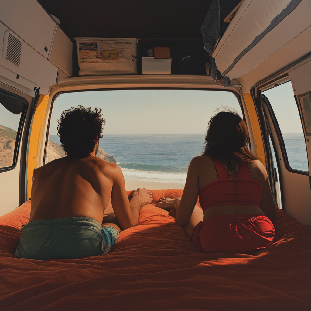 People laying in bed in camper van, looking out