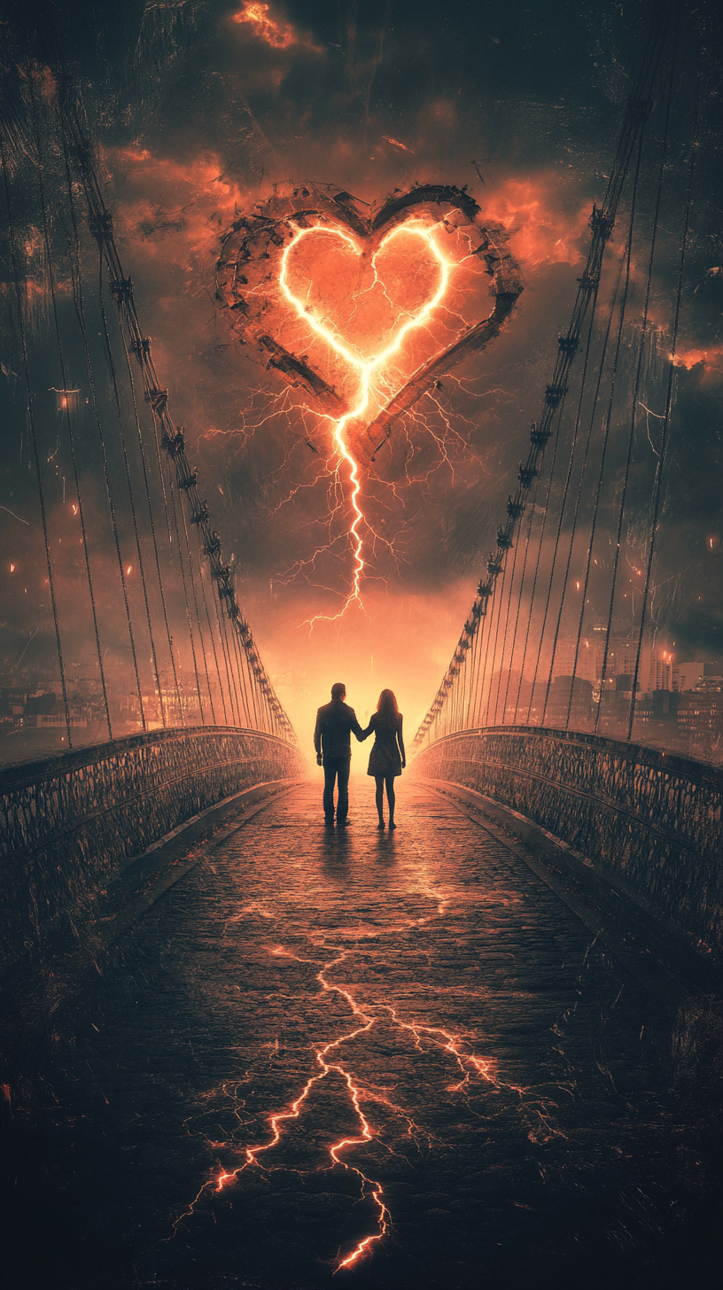 People on bridge with broken heart and lightning strike.