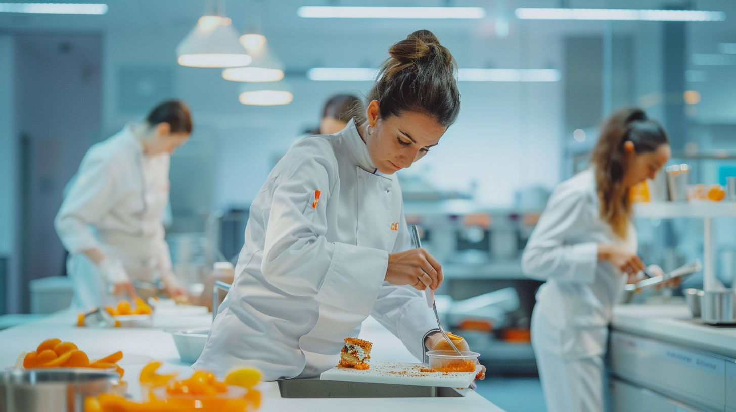 People research new dishes in culinary lab.