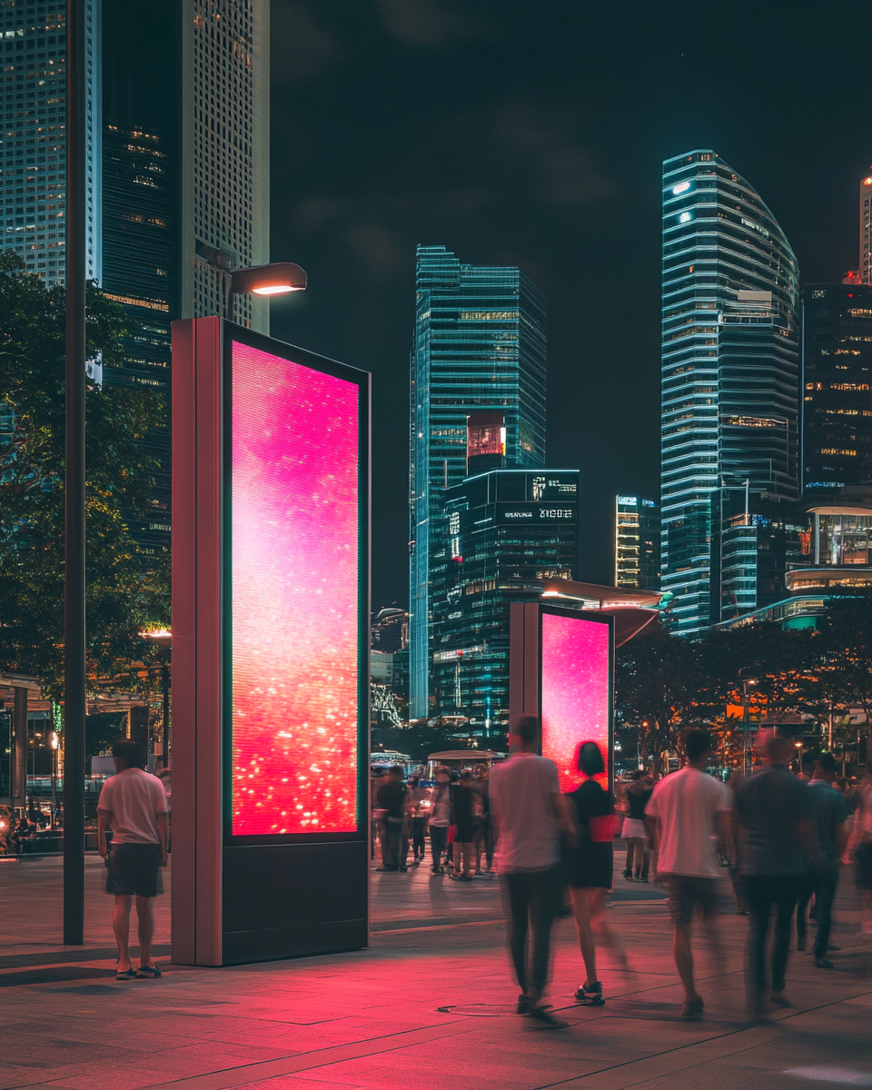 People rushing by digital totem at night in Singapore.